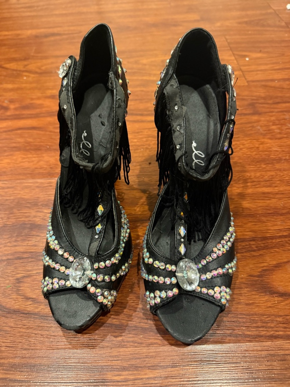 Embellished Black Fringe Evening Sandals